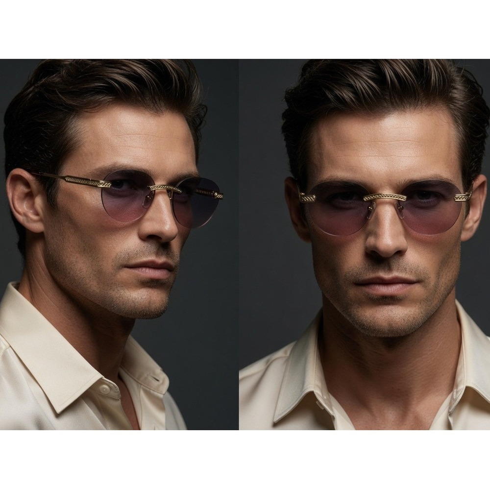 Mens‎ Rimless Round Sunglasses Gold Engraved Metal Purple Pink Gradient Lenses